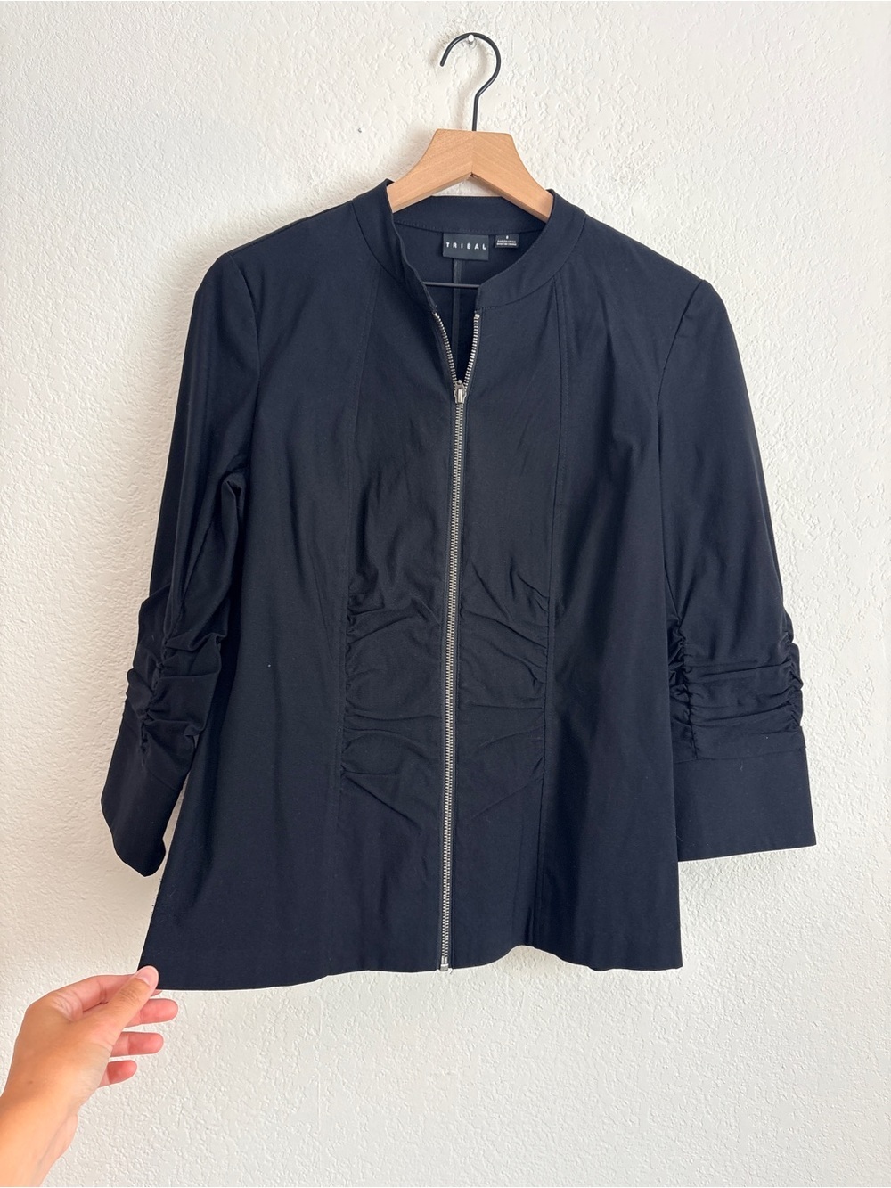 Tribal Black Zip-Front Women's Jacket with Ruched Sleeves